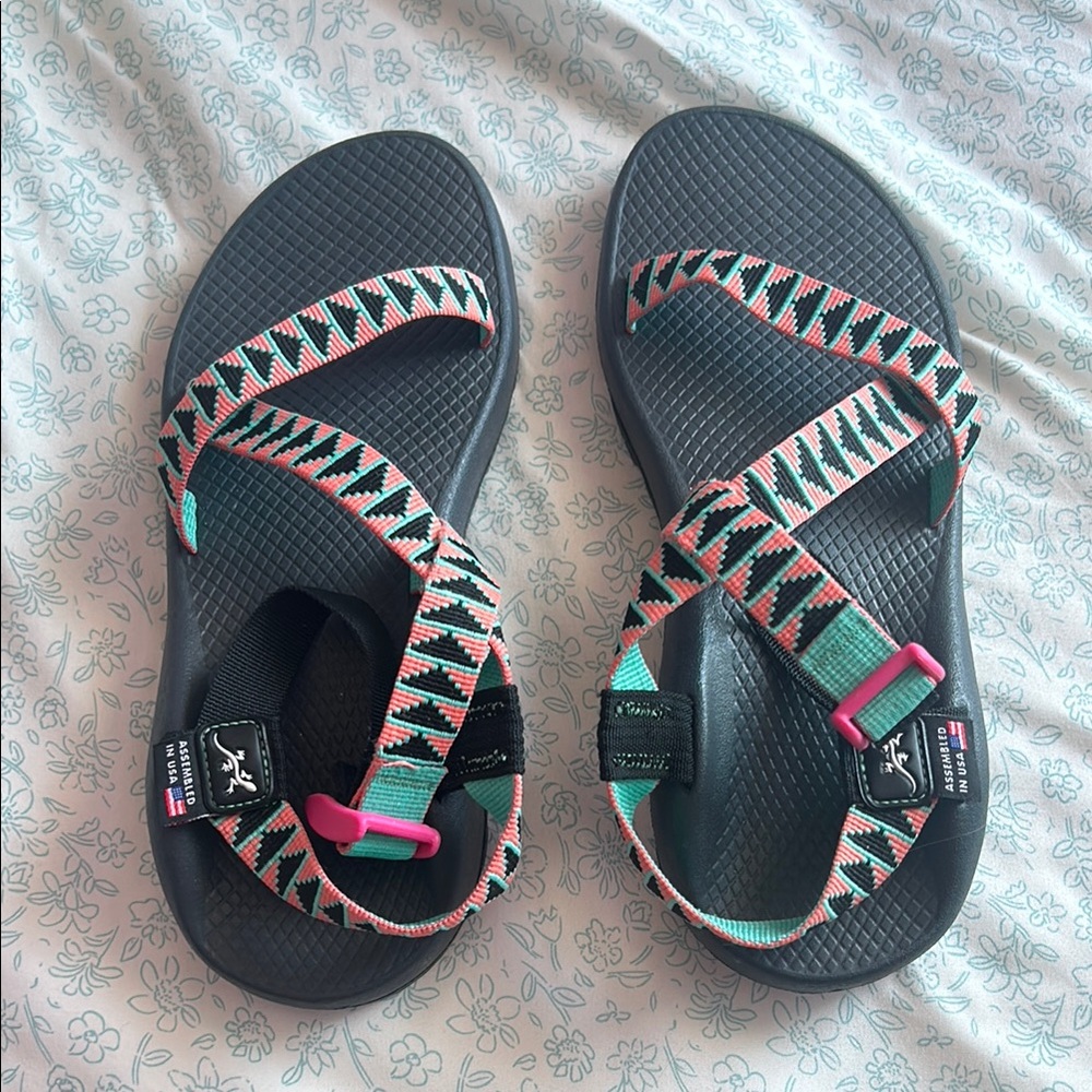 Chaco Teal and Pink Geometric Sandals